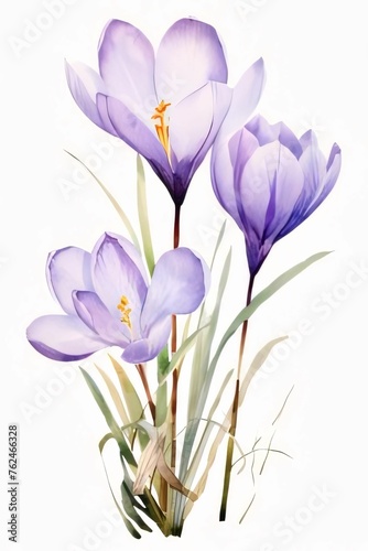 Drawn, purple crocus flower on isolated white background. Flowering flowers, a symbol of spring, new life.
