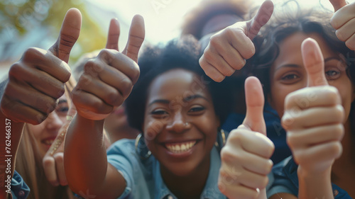 Close up of group of diverse people showing raised thumbs at camera as gesture of recommendation or good choice. Professional multicultural team demonstrates satisfaction and gives a positive response photo