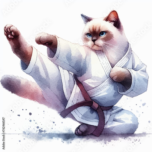 watercolor illustration of cat in kimono training karate and taekwondo