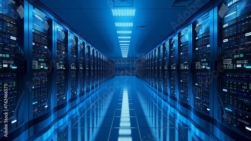 A Data Center Aisle Containing Multiple Rows In A Server Room.