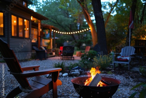 patio area with a fire pit lighting up a yard