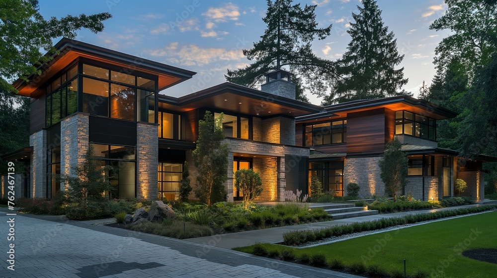 Large Mansion With Lush Green Yard And Trees Lining The Driveway. Large Mansion With Lush Green Yard And Trees Lining The Driveway.
