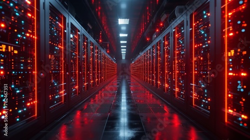 Modern Data Center Hallway With Glowing Red Lights and Servers at Night