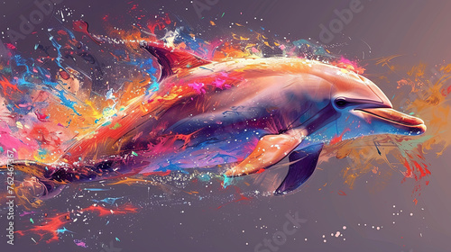 Artistic rendition of a dolphin bursting through a myriad of colorful splashes, depicting movement and vitality.