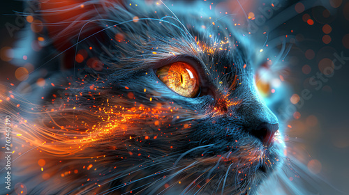 Digital artwork portraying a cat's eye with intense, fiery details against a cool, blue backdrop.