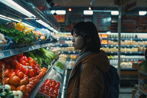 woman is standing beside a shelf of fresh food in a supermarket