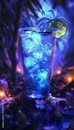 Exotic neon cocktail with tropical flowers.