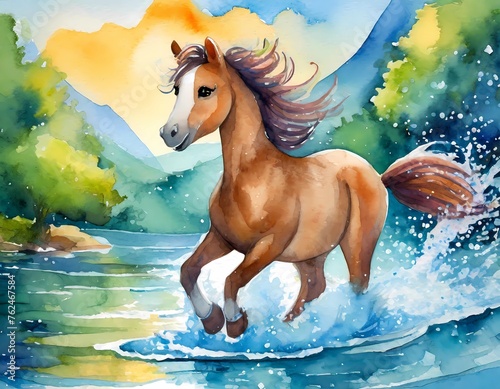 baby horse, Cute illustrations of baby animals splashing in the water, nursery art, picture book art, watercolors © Gabriella88