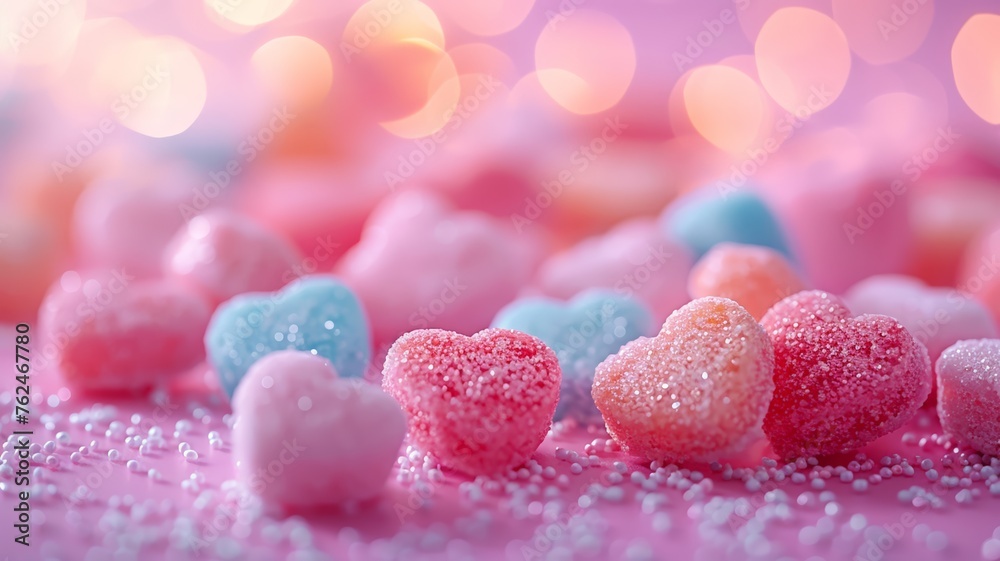 Soft pastel love heart candies scattered on a vibrant pink backdrop for Valentine's Day