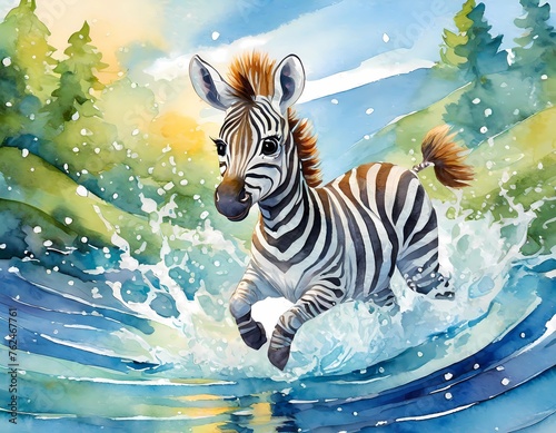 zebra, Cute illustrations of baby animals splashing in the water, nursery art, picture book art, watercolors