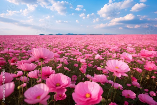 A flowery field, a field full of pink flowers, in the daytime, clouds in the sky. Flowering flowers, a symbol of spring, new life. © Hawk
