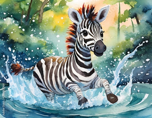 Cute illustrations of baby animals splashing in the water  nursery art  picture book art  watercolors