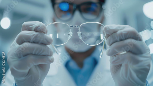 Doctor giving you new prescription glasses. Happy optometrist showing modern good quality eyeglasses. Optometry, eyewear, eye health concept. Grey text copyspace banner background, closeup, close up.