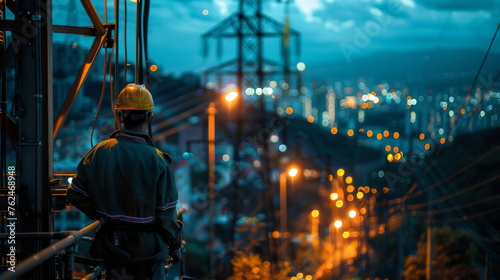 A solitary electrician stands overlooking a sprawling cityscape illuminated by night lights.