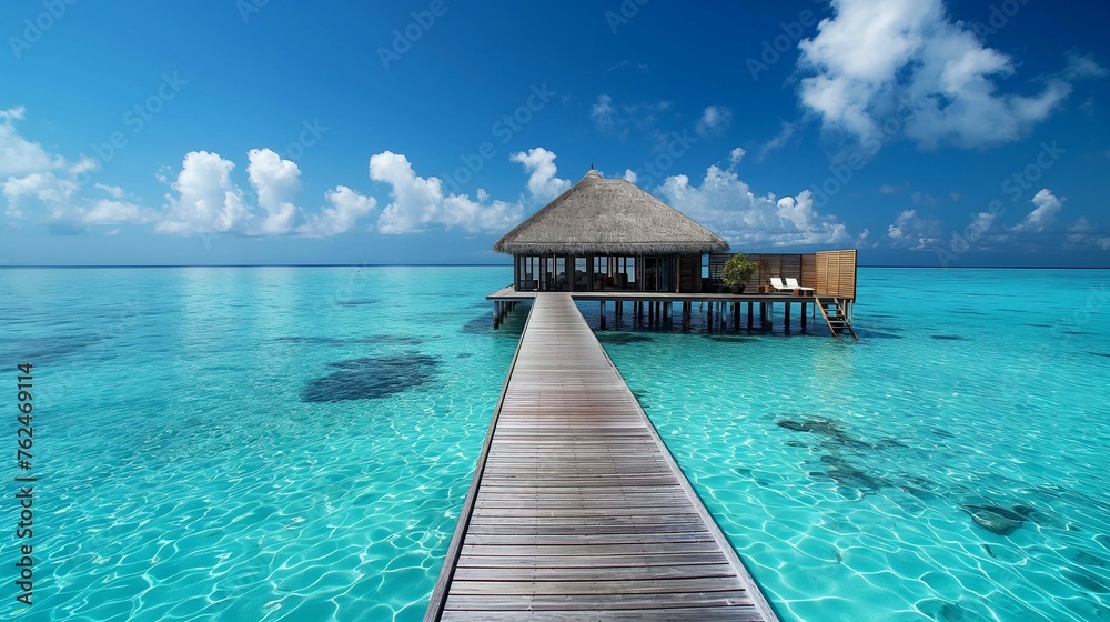 A wooden dock jutting out into a turquoise ocean.