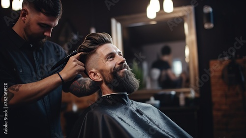 Bearded barbershop barber man with smile receiving haircut service