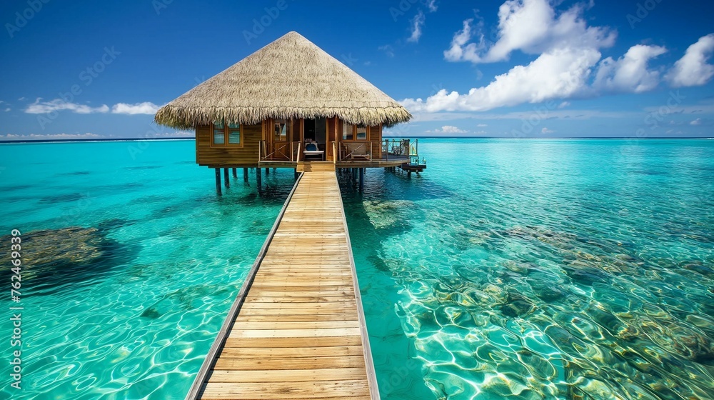 A wooden dock leading out to a small hut on the sea.