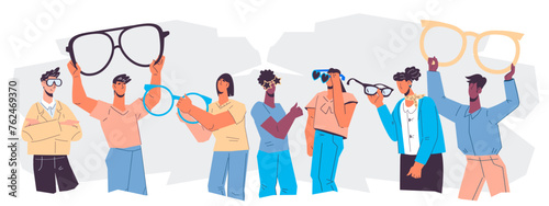 People buy eyewear at optical shop. Optometry and ophthalmology services, vision check and eyewear products advertising banner design, flat vector illustration on white background.