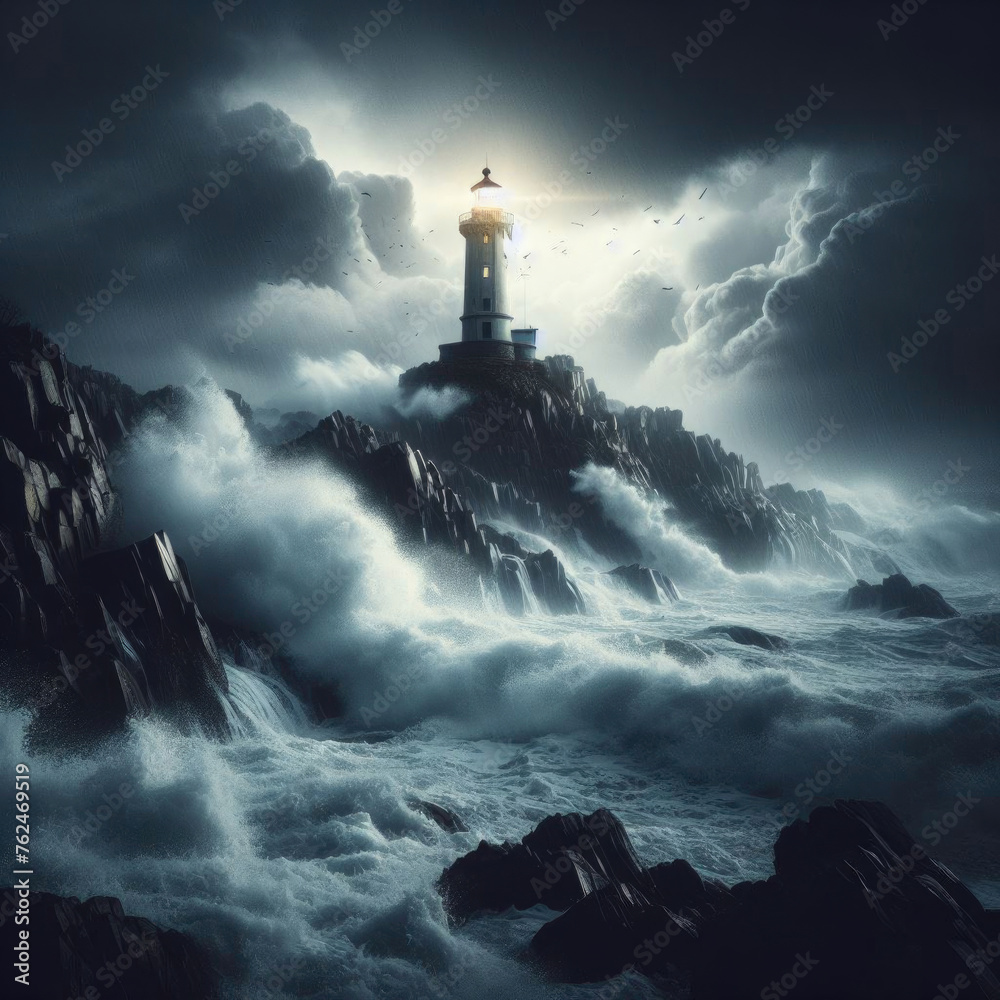 A dramatic photo showcases a lone lighthouse against a stormy coastal backdrop.
