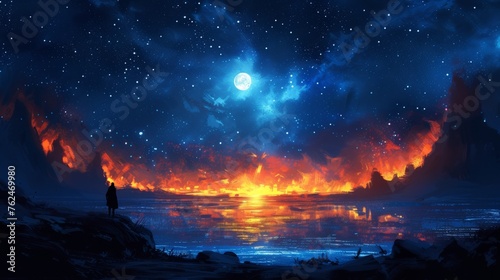 Lone Spectator Beholds a Fiery Night Sky Over a Secluded Lake Under Moonlight
