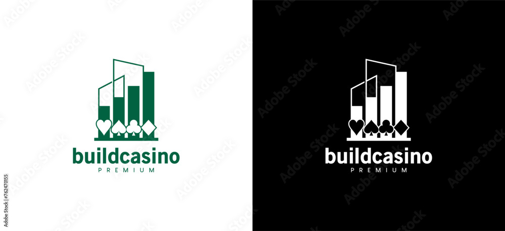 Casino building chart logo with playing card icon symbols depicting the growth of the casino city