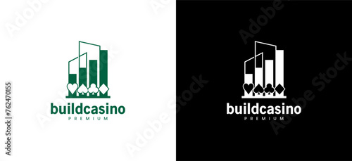 Casino building chart logo with playing card icon symbols depicting the growth of the casino city