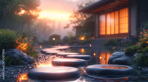 Tranquil Sunset at a Traditional Japanese Garden With Stepping Stones Across a Pond