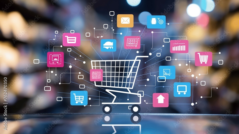 A shopping cart surrounded by social network icons.
A shopping cart surrounded by social network icons.