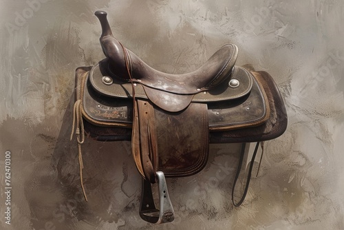 horse saddle with a leather seat and horn photo