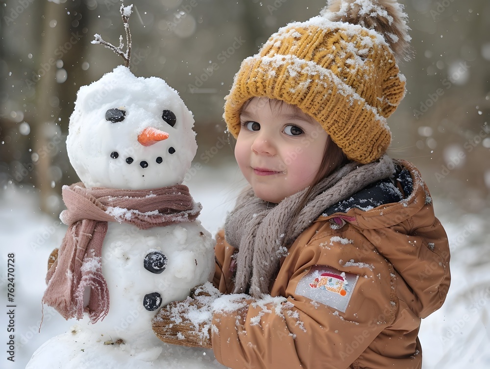 Charming Child Crafting Whimsical Snowman on Snowy Afternoon Charming Child Crafting Whimsical Snowman on Snowy Afternoon
