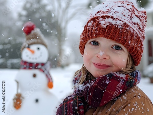 Cheerful Child Embracing Winter Wonderland with Handcrafted Snowman