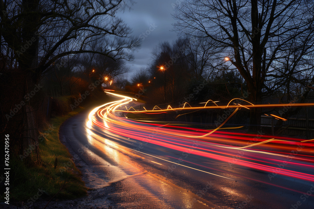 light trails through trees at dusk