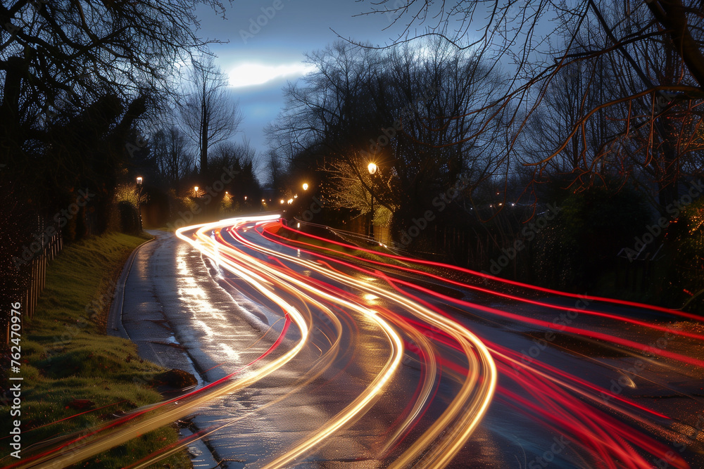 light trails through trees at dusk