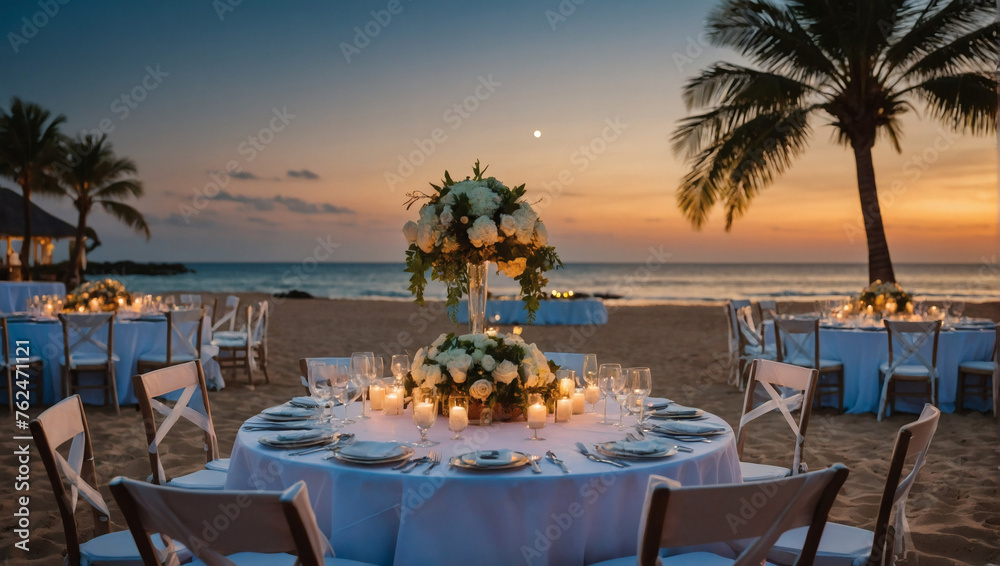 Beautifully arranged reception table on the sandy shores of a beach resort, perfect for a seaside wedding, honeymoon dinner, or festive beach party under the stars.