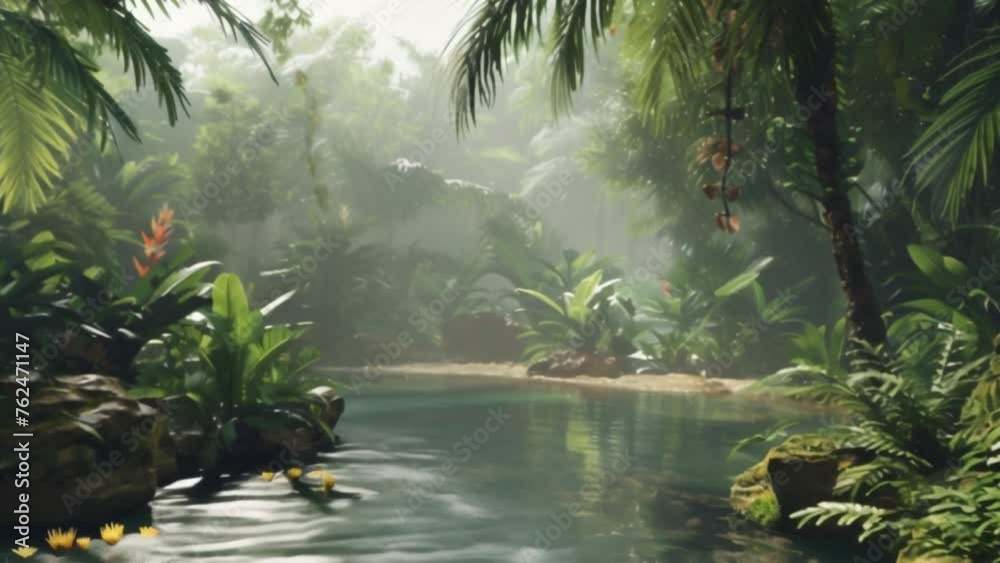 A lush jungle with a river running through it. The water is calm and clear, and the trees are tall and green. The scene is peaceful and serene, with the sounds of nature filling the air A lush jungle with a river running through it. The water is calm and clear, and the trees are tall and green. The scene is peaceful and serene, with the sounds of nature filling the air