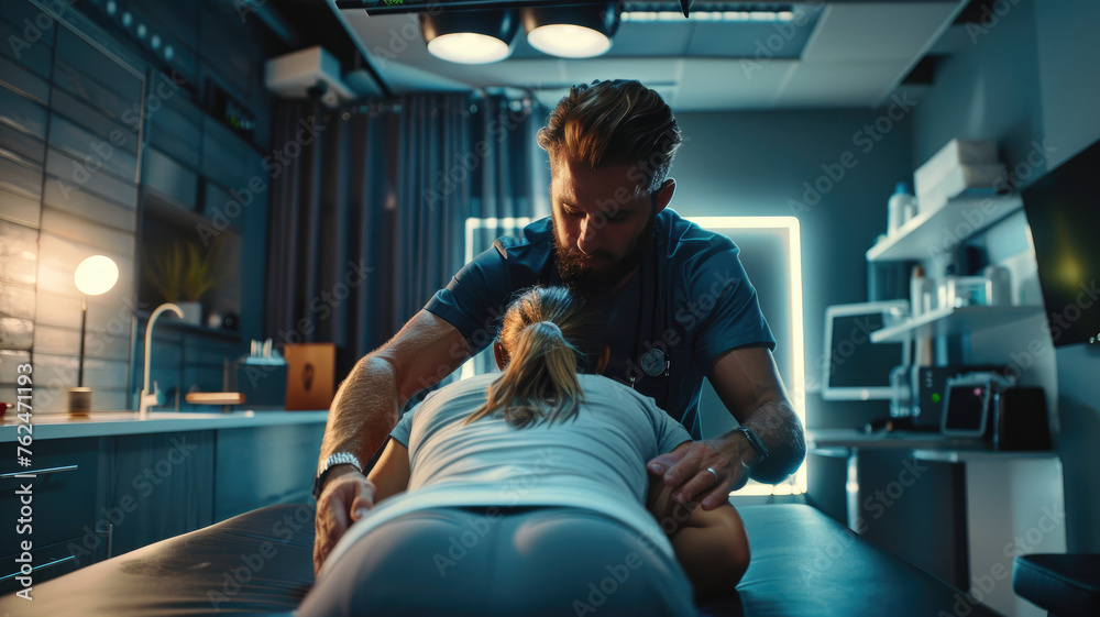Man doctor chiropractor or osteopath fixing lying womans back in manual therapy clinic. Man doctor chiropractor or osteopath fixing lying womans back in manual therapy clinic.
