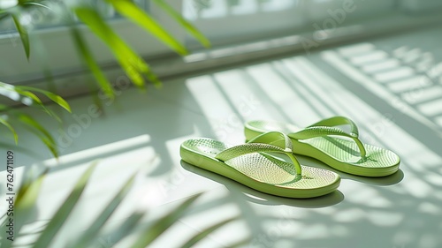 Lime green flip-flops ready for summer on a bright white backdrop