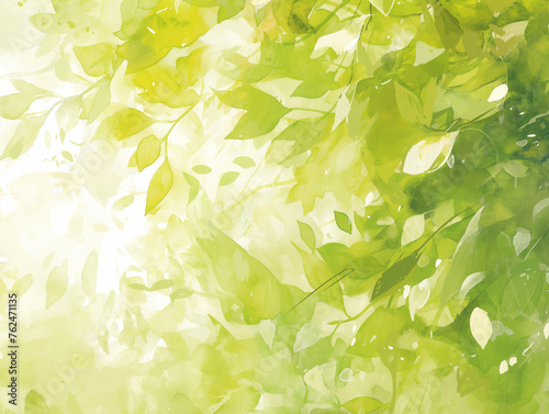 A colorwater image of Sunlight gently pierces through the verdant leaves of a serene green forest. photo