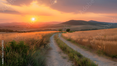 A photo of the Camino de Santiago, with vibrant fields as the background, during sunrise