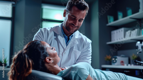 Man doctor chiropractor or osteopath fixing lying womans back in manual therapy clinic.