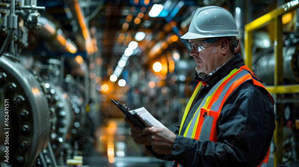 Focused industrial engineer using a tablet to monitor machinery in a busy manufacturing plant. Focused industrial engineer using a tablet to monitor machinery in a busy manufacturing plant.