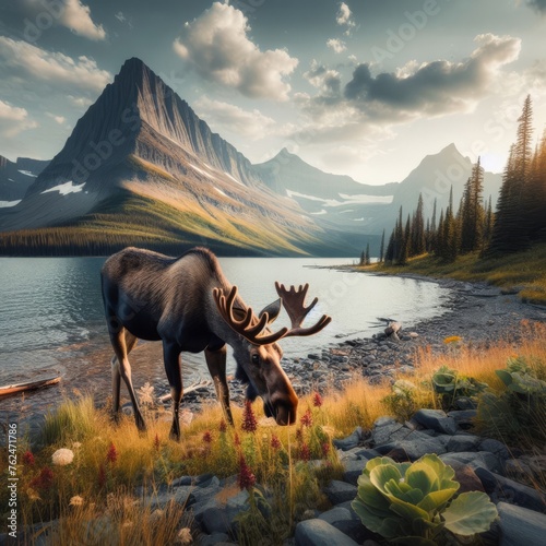 Moose eating at Swiftcurrent Lake, Montana, USA 