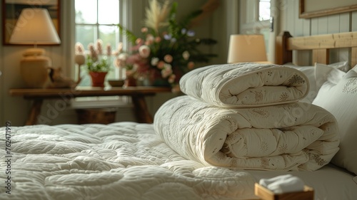 a freshly folded duvet placed on a bed in a sunlit room, evoking a sense of comfort and tranquility.