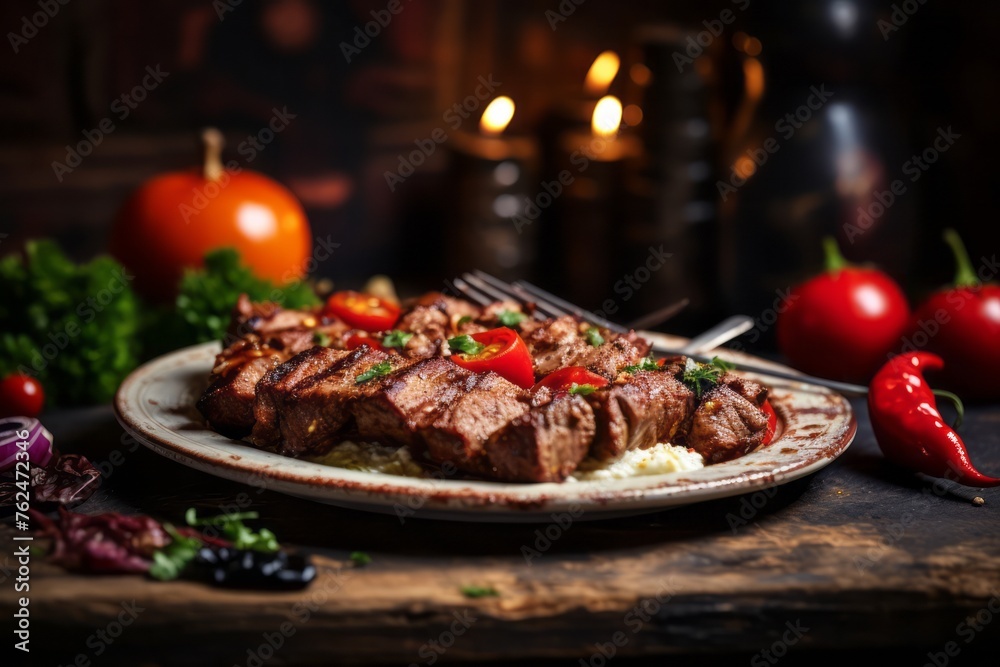 Exquisite kebab on a rustic plate against a natural brick background Exquisite kebab on a rustic plate against a natural brick background