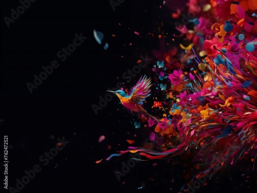 Abstract colorful illustration, colorful flowers, a splash of color and a colorful tiny bird flying out on a black background. Flowering flowers, a symbol of spring, new life.