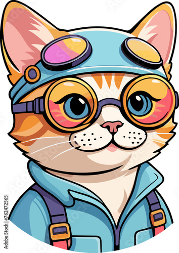 Cute cool pilot cat wearing sunglasses and helmet cartoon svg, for kids, summer decoration, baby shower, nursery, funny, mascot, pet shop, logo, poster, children's book, party, kid-friendly character 