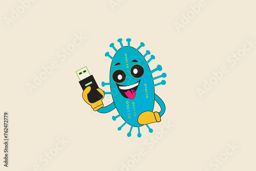vector illustration virus cyber, carrying a flashdisk, with a cheerful face