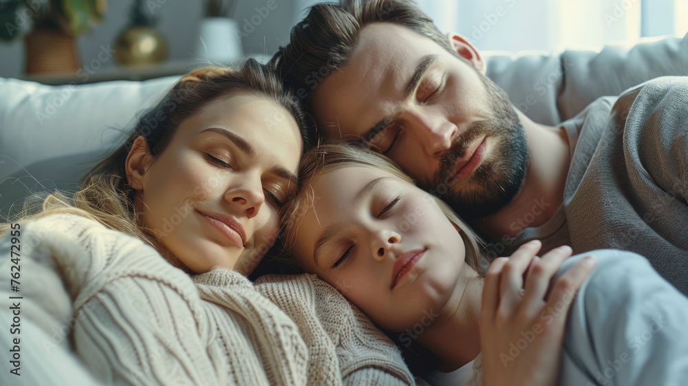 Relaxed young family resting and dreaming about new home on comfortable sofa together at home, happy young parents with little daughter relax enjoying nap relaxing or meditating. Relaxed young family resting and dreaming about new home on comfortable sofa together at home, happy young parents with little daughter relax enjoying nap relaxing or meditating.