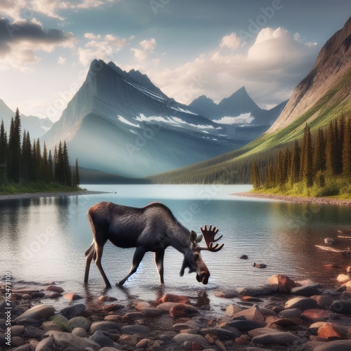 Moose eating at Swiftcurrent Lake, Montana, USA
 photo