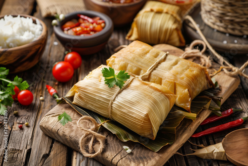 Tamales. Prehispanic dish typical of Mexico and some Latin American countries. Corn dough wrapped in corn leaves. The tamales are steamed. photo